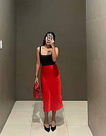 Стильная женская длинная атласная юбка SM ML красный розовый черный молоко