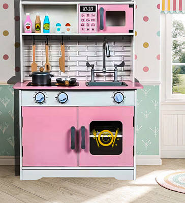 Рожева ігрова кухня і кухонний набір дитині для дитячої кімнати 59.5х26х78 см Каструля посуд піч і начиння
