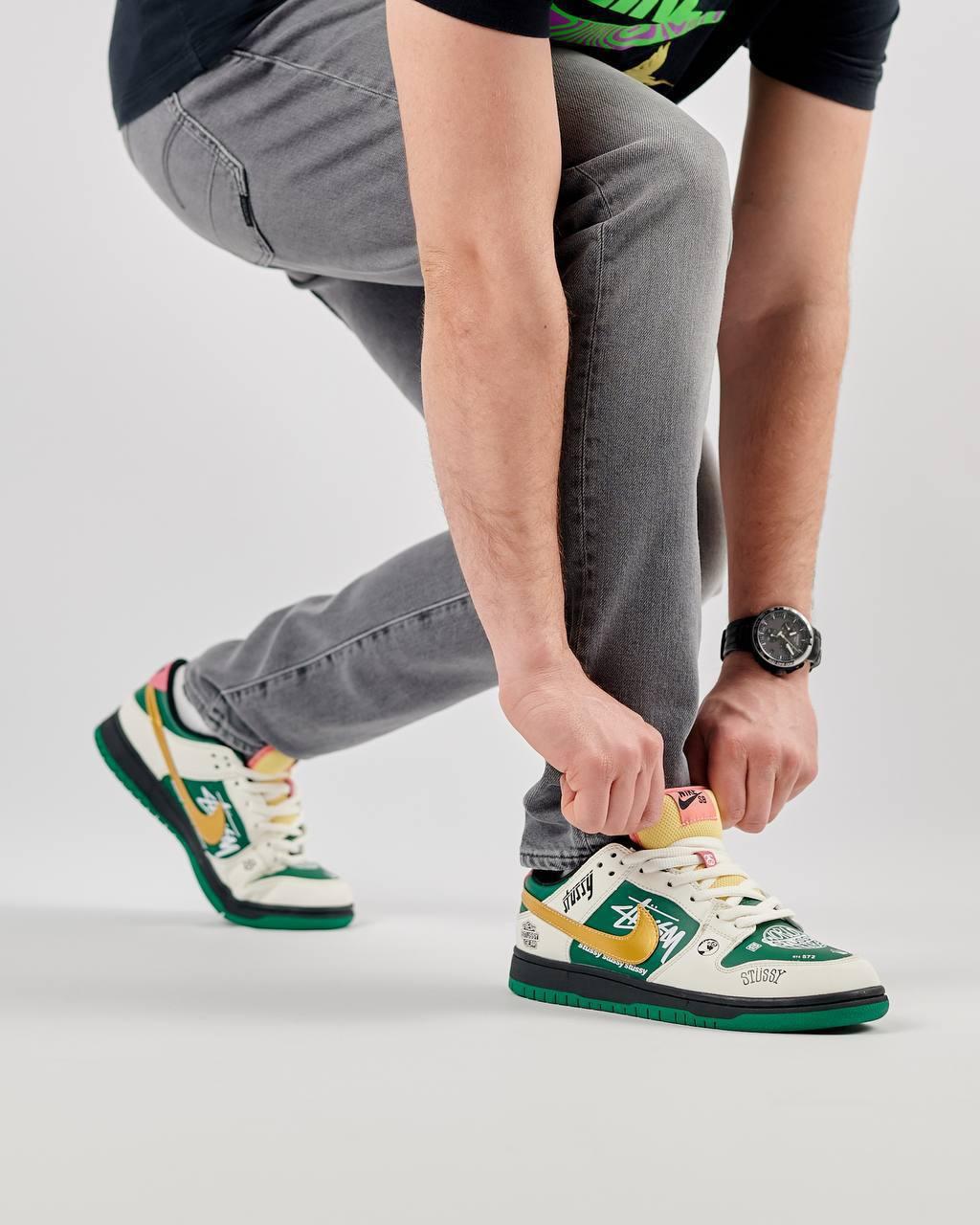 Чоловічі шкіряні кросівки Nike SB Dunk Low x Stussy 572 Green Beige, чоловічі кеди Найк зелені. Чоловіче взуття