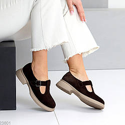 Замшеві демі туфлі на ремінці натуральна замша низький хід колір Шоколад