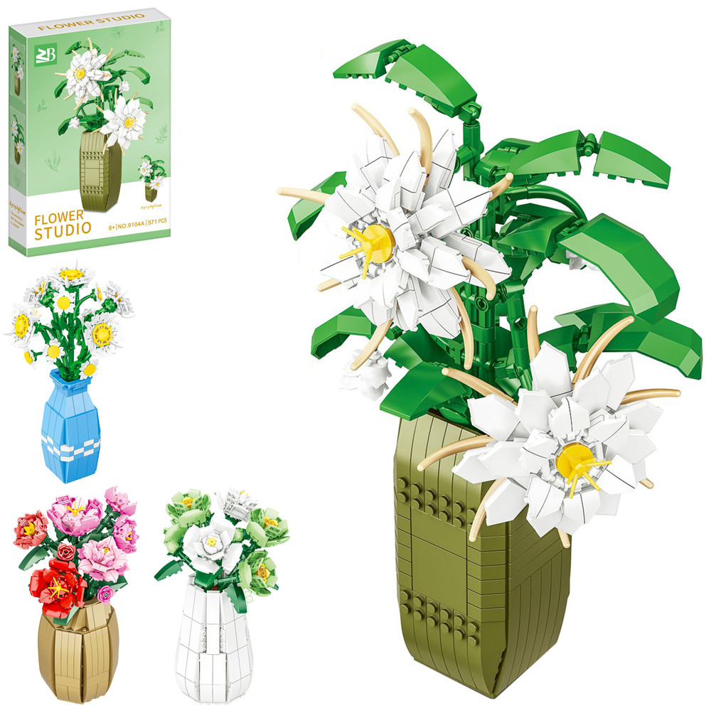Конструктор "Квіти", ваза, від 537 деталей, 4 види (9104A-9106A-9108A-9114A) (26x37x7 см), фото 1