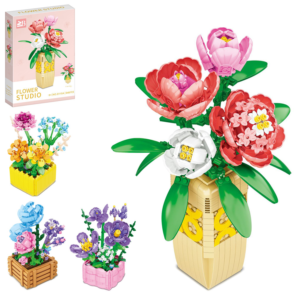 Конструктор "Квіти", горщик/ваза, від 548 деталей, 4 види (9109A-9113A-9112A-9115A) (26x37x7 см), фото 1