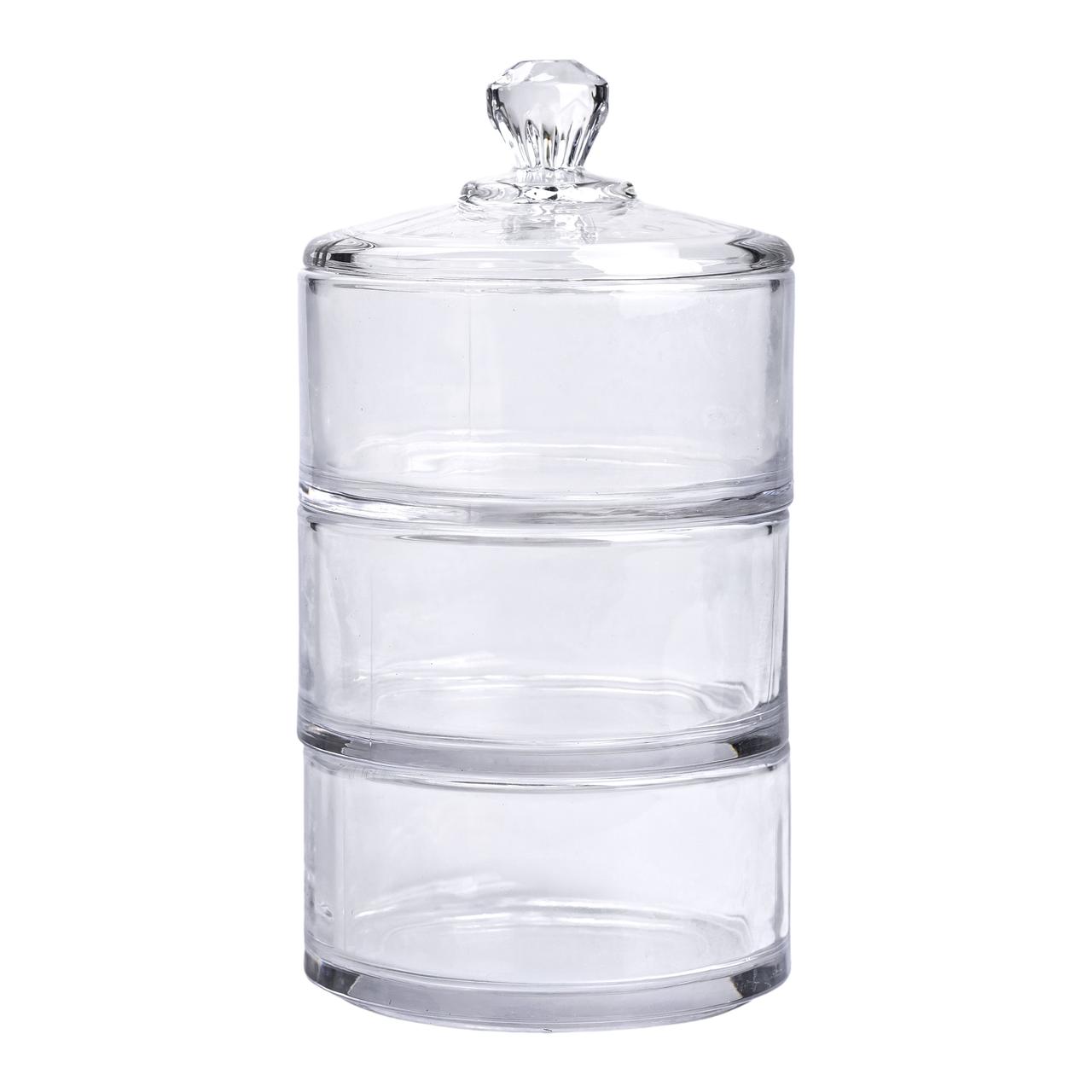 Цукерниця триярусна скляна 10 см з кришкою для солодощів цукерок, трирівнева ваза практична конструкція міні-частування горішки, фото 1