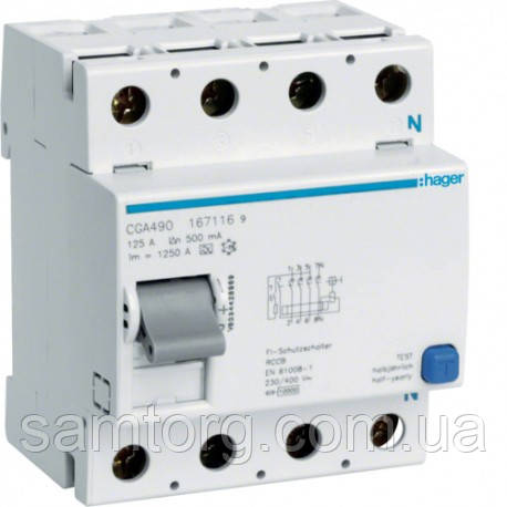 ПЗВ (діфреле) Hager CGA490 125А 500 мА 4 полюси тип А