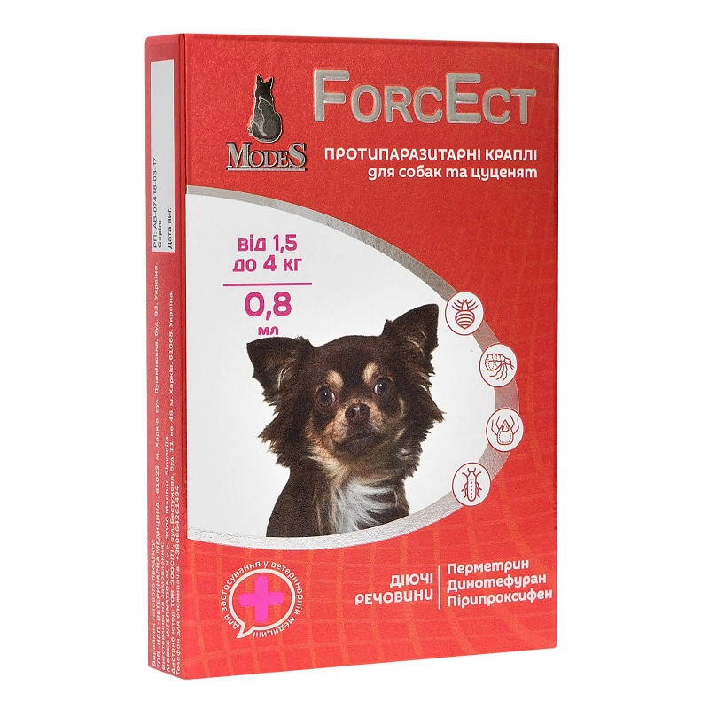 Краплі для цуценят і собак 1,5-4 кг ForcEct 0,8 мл протипаразитарний засіб No1 Modes, фото 1