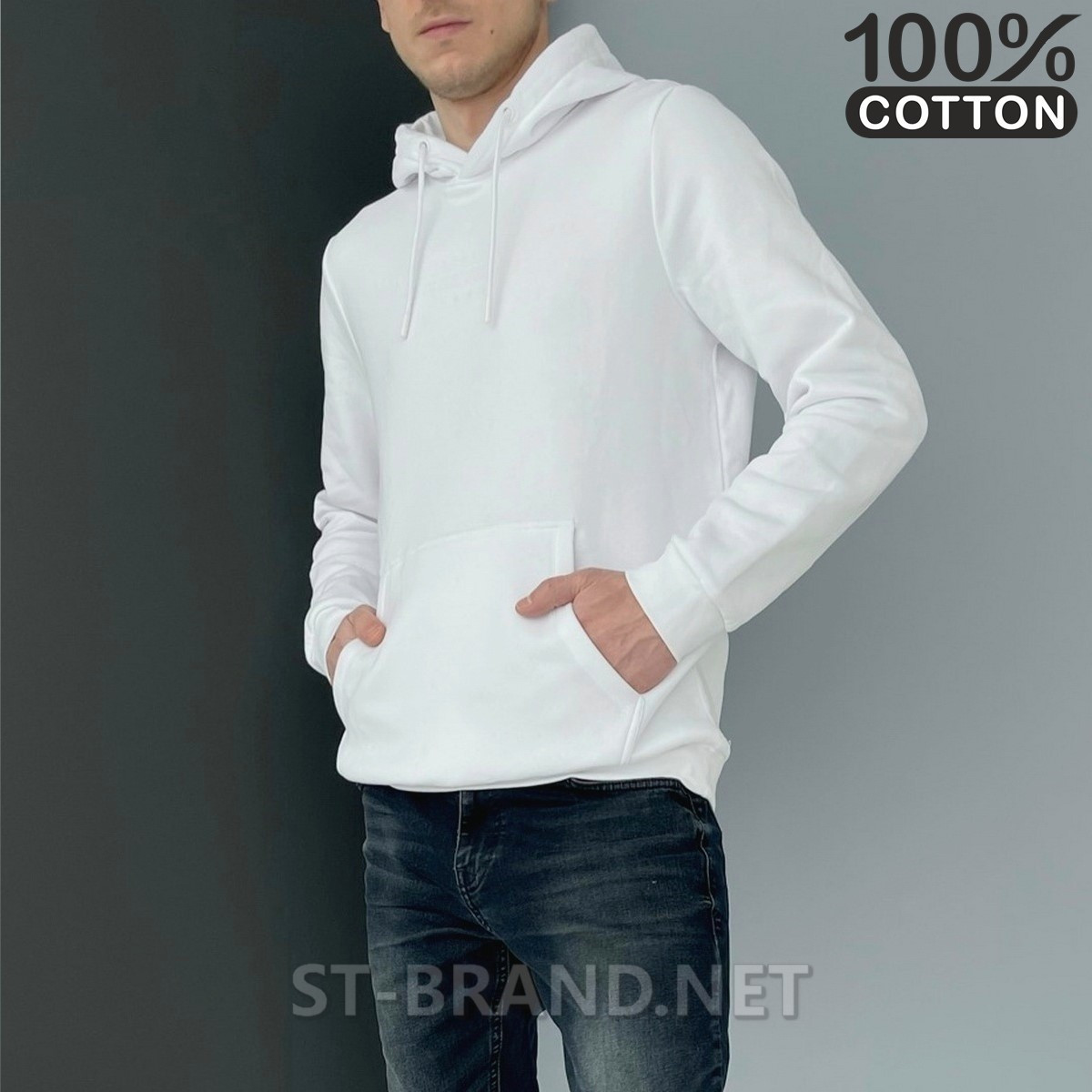 2XL (54), 3XL (56). Демісезонна чоловіча кофта - худі з капюшоном, з якісного і натурального трикотажу середньої щільності - біла