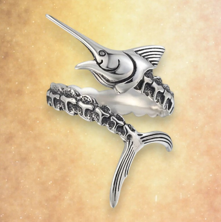 Таємнича срібляста каблучка риба-меч у ретро стилі розмір регулюється, фото 1