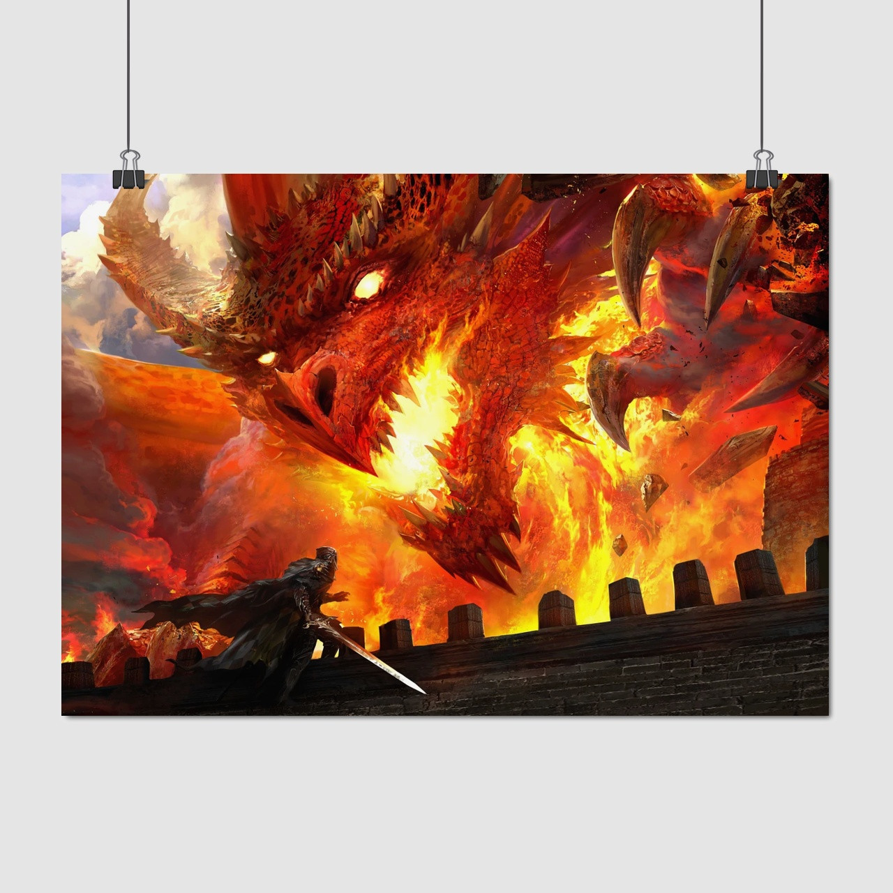 Плакат "Дракон та воїн на стіні замку", 60×42см