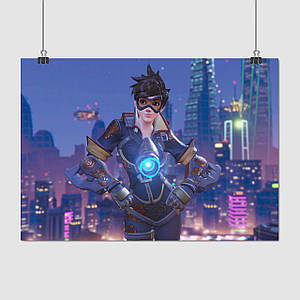 Плакат "Овервотч, Трейсер на тлі міста, Overwatch, Tracer", 40×60см
