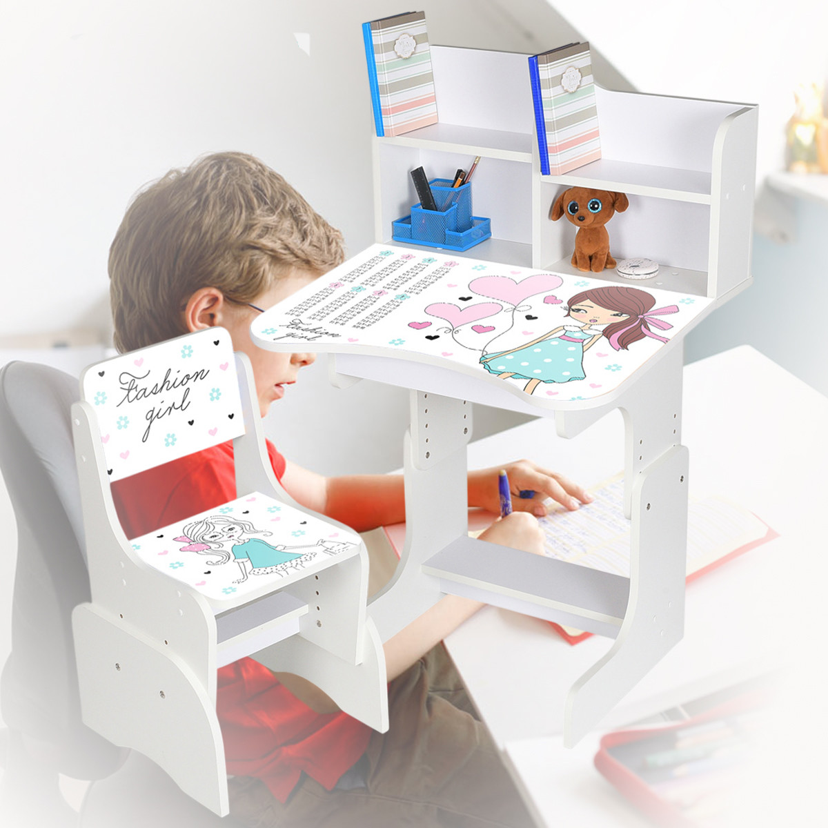 Парта для однієї дитини зі стільчиком з регулюванням висоти та таблицею множення N 2071-8-1 Білий, фото 1
