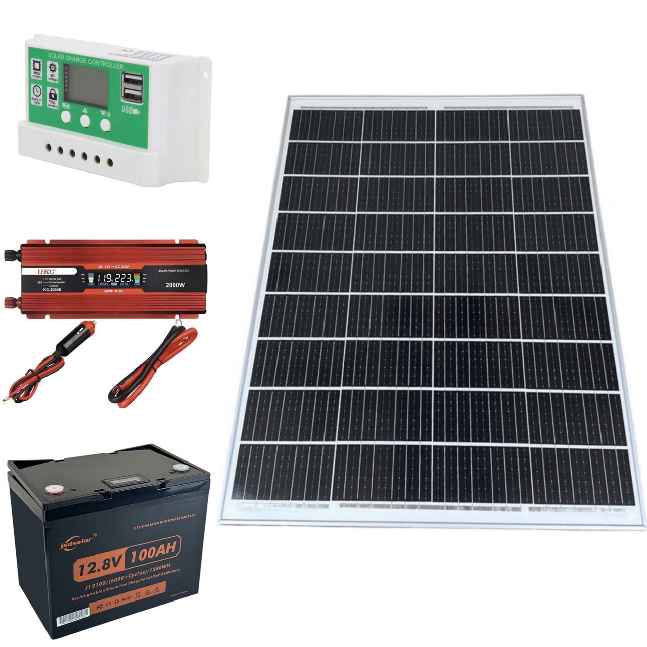 Резервне живлення 1000Вт. Комплект сонячна панель 100W + інвертор 1000/2000 + ШИМ 30A та АКБ 12.8V LiFePO4 1280Вт 100Ah
