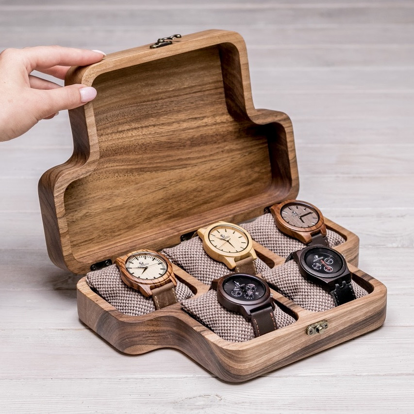 Цільна скринька органайзер для 5 годинників із дерев'яною кришкою Підставка для наручних годинників