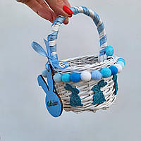 Іменний Дитячий пасхальний кошик для хлопчика до 1 року з зайчиками