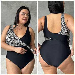 Жіночий чорний злитий купальник з леопардовим принтом батал