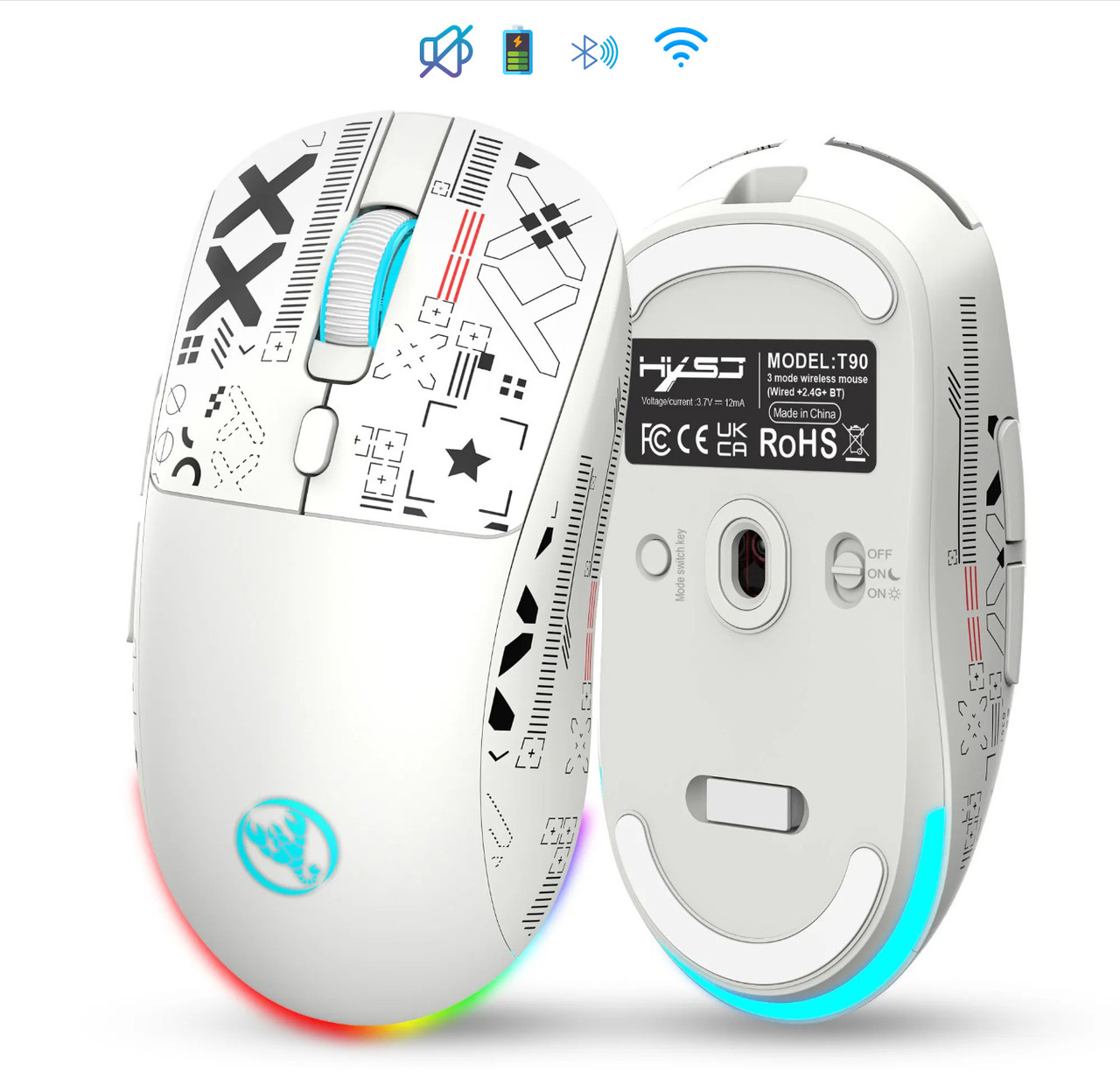 Безшумна геймерська бездротова миша HXSJ T90 з акумулятором, RGB-підсвіткою і bluetooth для ПК біла