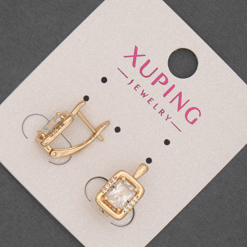 Сережки Xuping з білими стразами та білим кристалом d-8мм+- L-14мм+- Позолота 18К