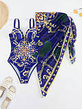 Купальник суцільний суцільний синій з візерунком + парео M 44, фото 8