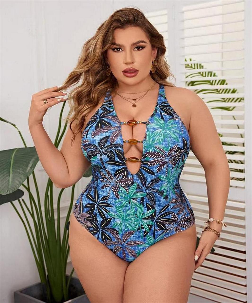 Купальник жіночий 58 суцільний блакитний з візерунком великий розмір, фото 1