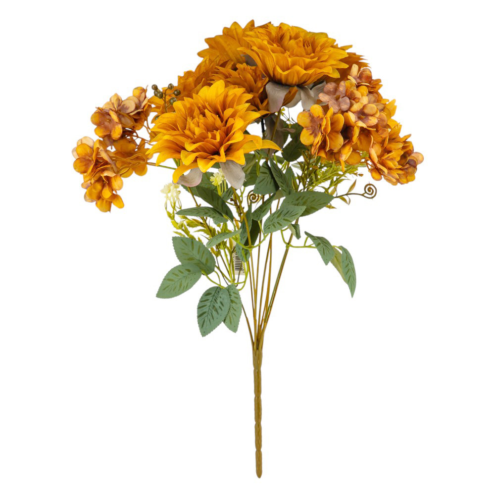 Букет “Квітковий ансамбль” (6 жоржин і 3 гортензії), гірчично-жовтий, 45 см ELISEY, фото 1