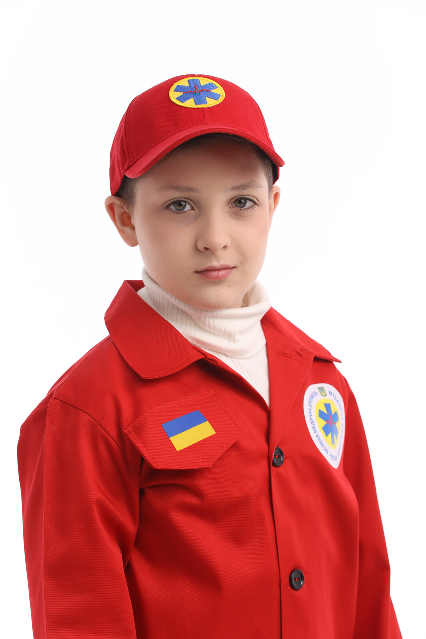 Новорічний дитячий костюм медика "Екстрена медична допомога" кітель, штани та бейсболка (128-134 см), фото 1