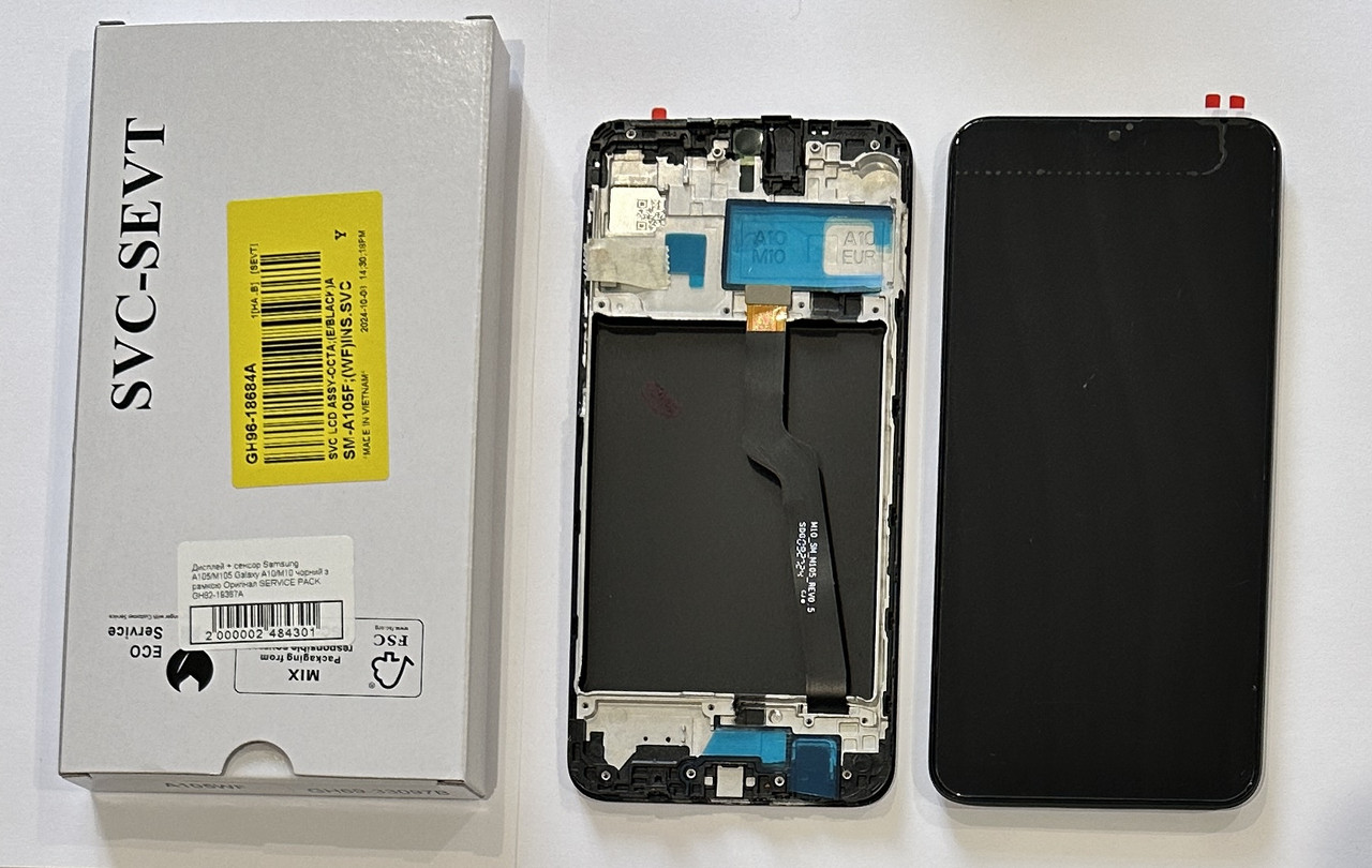 Дисплейний модуль (екран) для Samsung A105/M105 Galaxy A10/M10 чорний з рамкою Оригінал SERVICE PACK
