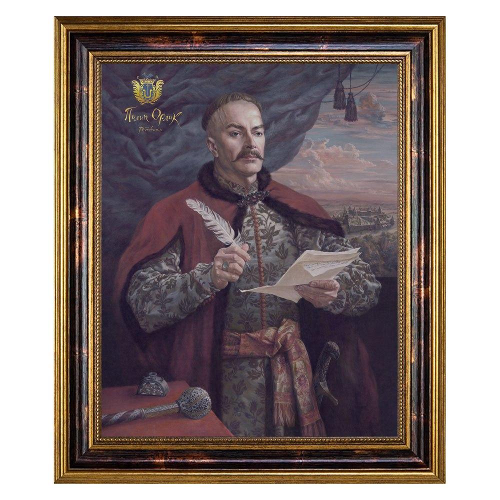 Картина-портрет "Гетьман Пилип Орлик" у рамі виконана на фарфорі із застосуванням позолоти 39*47 см, фото 1
