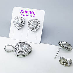 Набір "Кришталеве Серце" з камінням, сережки цвяшки, медичне золото Xuping, родій