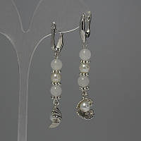 Сережки Білий кварц кулька d-6мм+- Перлинка (іміт.) 6мм+- L-56мм+- купити біжутерію дешево оптом в інтернеті