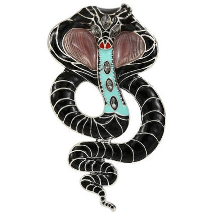 Брошка металева на сріблястій основі змія кобра зі стразами покрита кольоровою емаллю розмір виробу 95х55 мм, фото 1