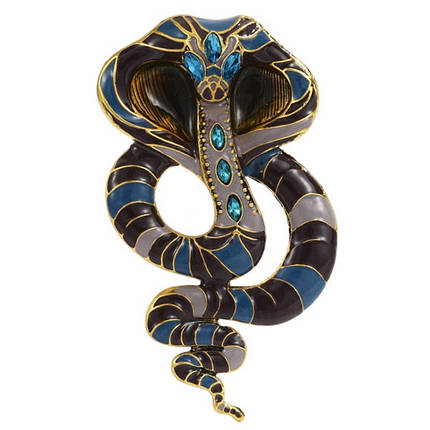 Брошка металева на золотистій основі змія кобра зі стразами покрита кольоровою емаллю розмір виробу 95х55 мм, фото 1