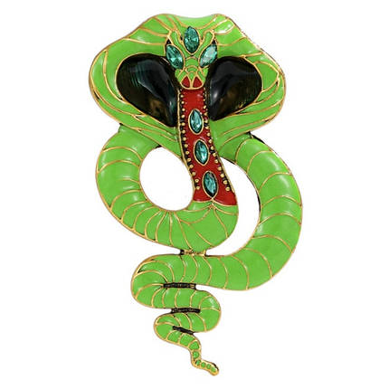 Брошка металева на золотистій основі змія кобра зі стразами покрита кольоровою емаллю розмір виробу 95х55 мм, фото 1