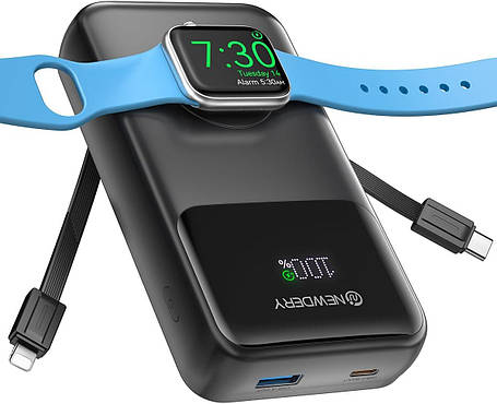 Портативний зарядний пристрій NEWDERY 20000 мА·год для Apple Watch, зовнішній акумулятор із вбудованими кабелями, фото 1