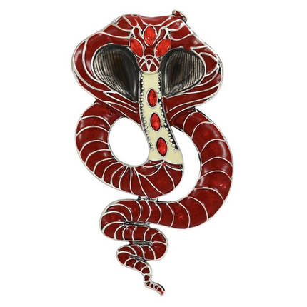 Брошка металева на сріблястій основі змія кобра зі стразами покрита кольоровою емаллю розмір виробу 95х55 мм, фото 1