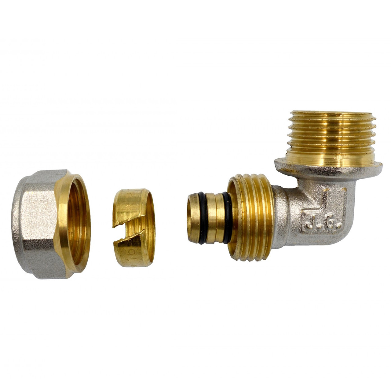 Згін американка кутовий для металопластикових труб Valve J.G. АВ 20 х 3/4 не розбірний з проточкою латунь, фото 1