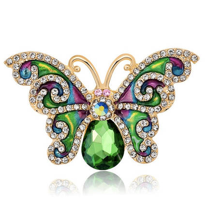 Брошка на золотистій основі великий метелик із білими стразами покрита кольоровою емаллю розмір 45х35 мм, фото 1