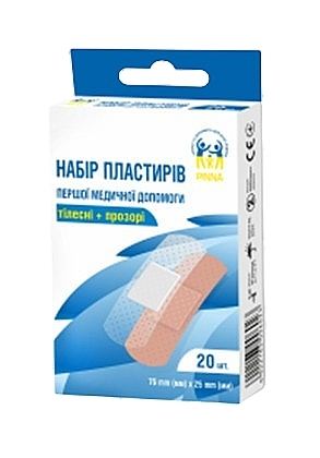 Пластирі першої мед. допомоги 76х25 мм, Pinna - 10 тілесних на тканинній основі та 10 прозорих на полімерній