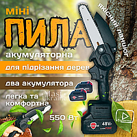Пила акумуляторна ланцюгова з шиною 6 дюймів та 2 акумуляторами 48V у кейсі Mini Electric Chain Saw, 48V-RY