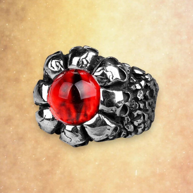 Потужна срібляста каблучка з червоним оком і черепами розмір 26, фото 1