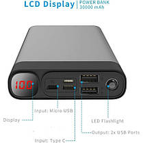 Power Bank з яскравим ліхтариком і швидким заряджанням Elefull 30000mAh PB-HOUMI-1W сірий, фото 4
