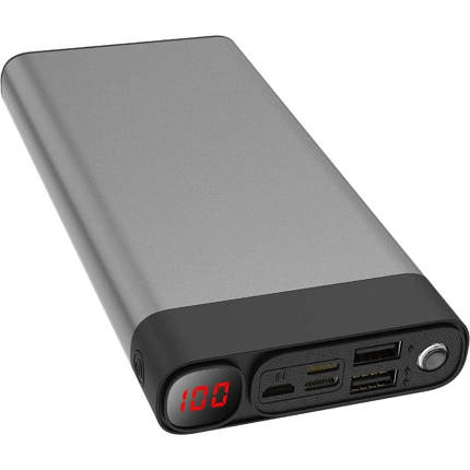 Power Bank з яскравим ліхтариком і швидким заряджанням Elefull 30000mAh PB-HOUMI-1W сірий, фото 1