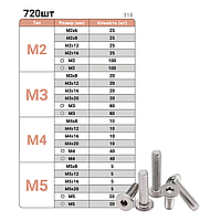 Набір Шестигранних Гвинтів З Потайною Головкою М2, М3, М4, М5 З Гайками Та Шайбами (720шт)