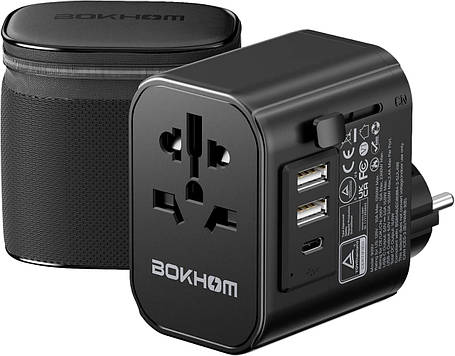 BOKHOM Worldwide Travel Adapter з USB, універсальною розеткою і 3 USB-штекрами (2 USB-A і 1 TYPE-C), адаптер, фото 1