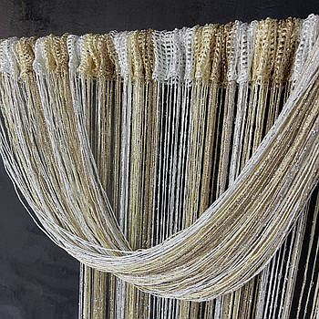 Штори-нитки для кухні на балкон, штори нитки Кісея з люрексом на вікно Золотисто-бежево-білі (NL-205)