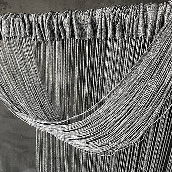 Штори з ниток на кухню двері, штори серпанок в інтер'єрі спальні, штори-нитки на вікна в зал Графіт (NL-14)