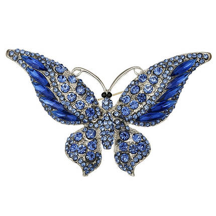 Брошка на сріблястій основі великий метелик із блакитними стразами, що переливаються, розмір 60х85 мм, фото 1