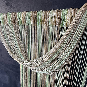 Тюль кісея з люрексом в кімнату квартиру, штори нитки для кухні вітальні Оливково-золото-бежева (NL-208)