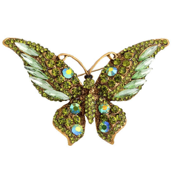 Брошка на сріблястій основі великий метелик із зеленими стразами, що переливаються, розмір 60х85 мм