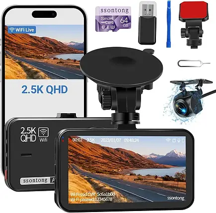Відеореєстратор Ssontong A16W Dash Cam 2.5K+1080P, WiFi, 64 Гб флешка, нічне бачення, G-сенсор, фото 1
