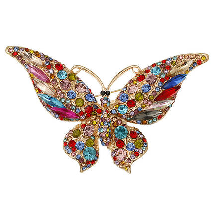 Брошка на золотистій основі великий метелик із різнобарвними стразами, що переливаються, розмір 60х85 мм, фото 2
