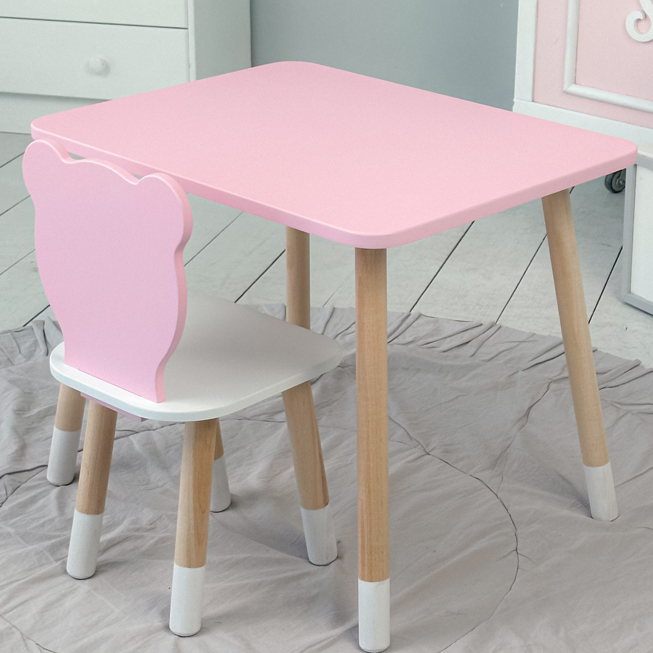 Дитячий столик з дерева 46х60х45 і стільчик медвежа 26.5х26х25, стіл та стілець для дітей, рожевий з білим, фото 1